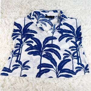 Tahari Linen Blue White Palm Tree Collared V Neck Sleeveless Top Large Beach